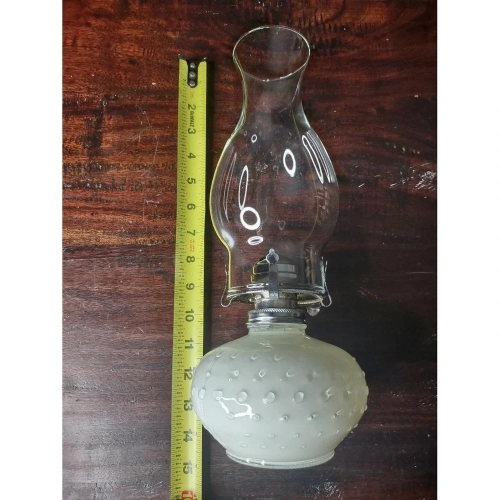 Vintage Hobnail Milk Glass Oil Lamp w/ Clear Chimney 12